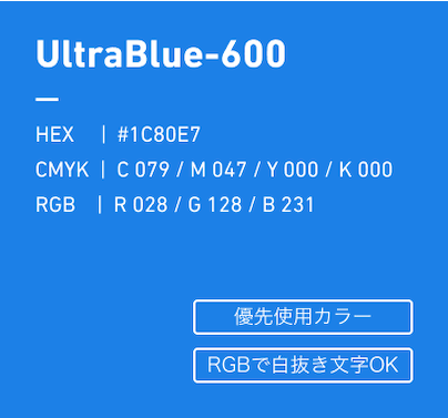 UltraBlue-600 HEX:#1C80E7 CMYK:C079/M047/Y000/k000 RGB:R028/G128/B231 優先使用カラー、RGBで白抜き文字OK
