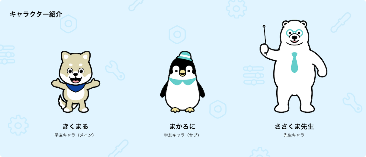 キャラクター紹介:きくまる 学友キャラ（メイン）、まかろに 学友キャラ（サブ）、ささくま先生 先生キャラ